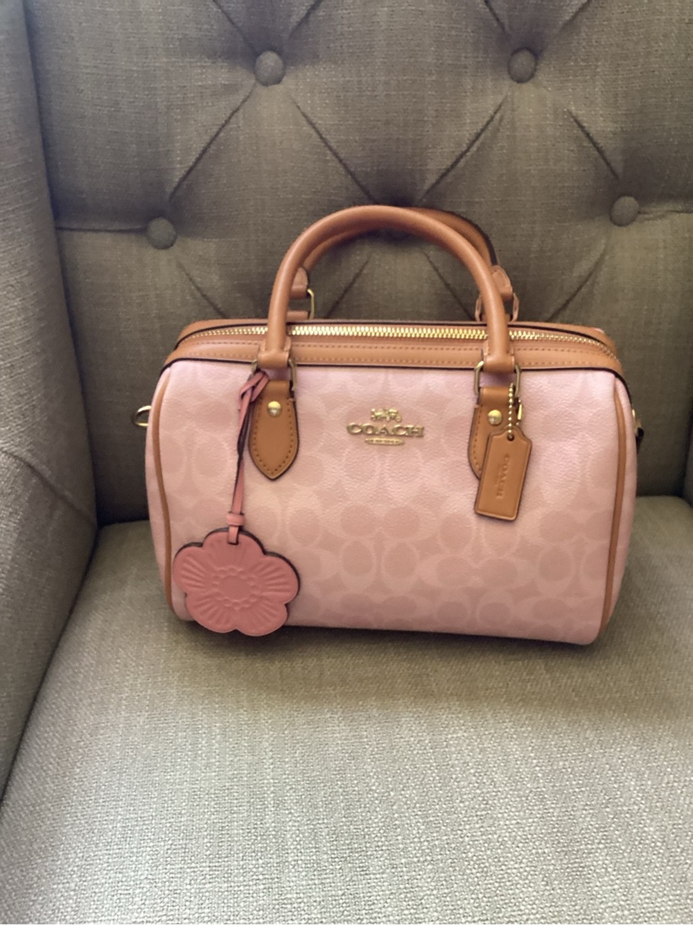 Coach Pink Signature Satchel with Tan Leather Trim and Floral Charm